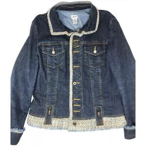 Cache Denim Jacket Rhinestone Buttons Lined Boucle Tweed Top NWT $188 New